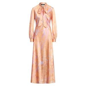 NWD Polo Ralph Lauren Rily 100% Silk Tie Collar Maxi Dress Sz 4 Peach Dye #1H458